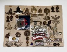 Territorial / RFA and Home Guard. A display card containing cap badges, collar dogs, shoulder titles