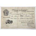 Bank of England White £5 note with pre-fix A55A dated 18/8/55 - some creasing. Condition: please