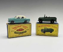 Lesney - Matchbox Toys nos 12 and 43. Land Rover Series II, B.P.W, rounded axles, mint boxed.