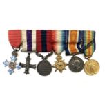 Miniature Medal - Group of 6. CBE, Military Cross, DCM, WWI 1914/15 trio with oak leaf. Condition: