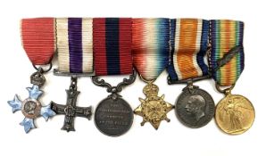 Miniature Medal - Group of 6. CBE, Military Cross, DCM, WWI 1914/15 trio with oak leaf. Condition: