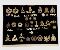 Canadian Corps and A.T.C's. A display card containing cap badges, collar dogs, shoulder titles and