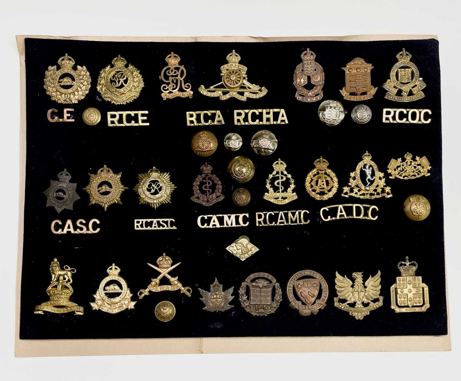 Canadian Corps and A.T.C's. A display card containing cap badges, collar dogs, shoulder titles and