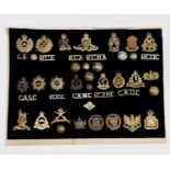 Canadian Corps and A.T.C's. A display card containing cap badges, collar dogs, shoulder titles and