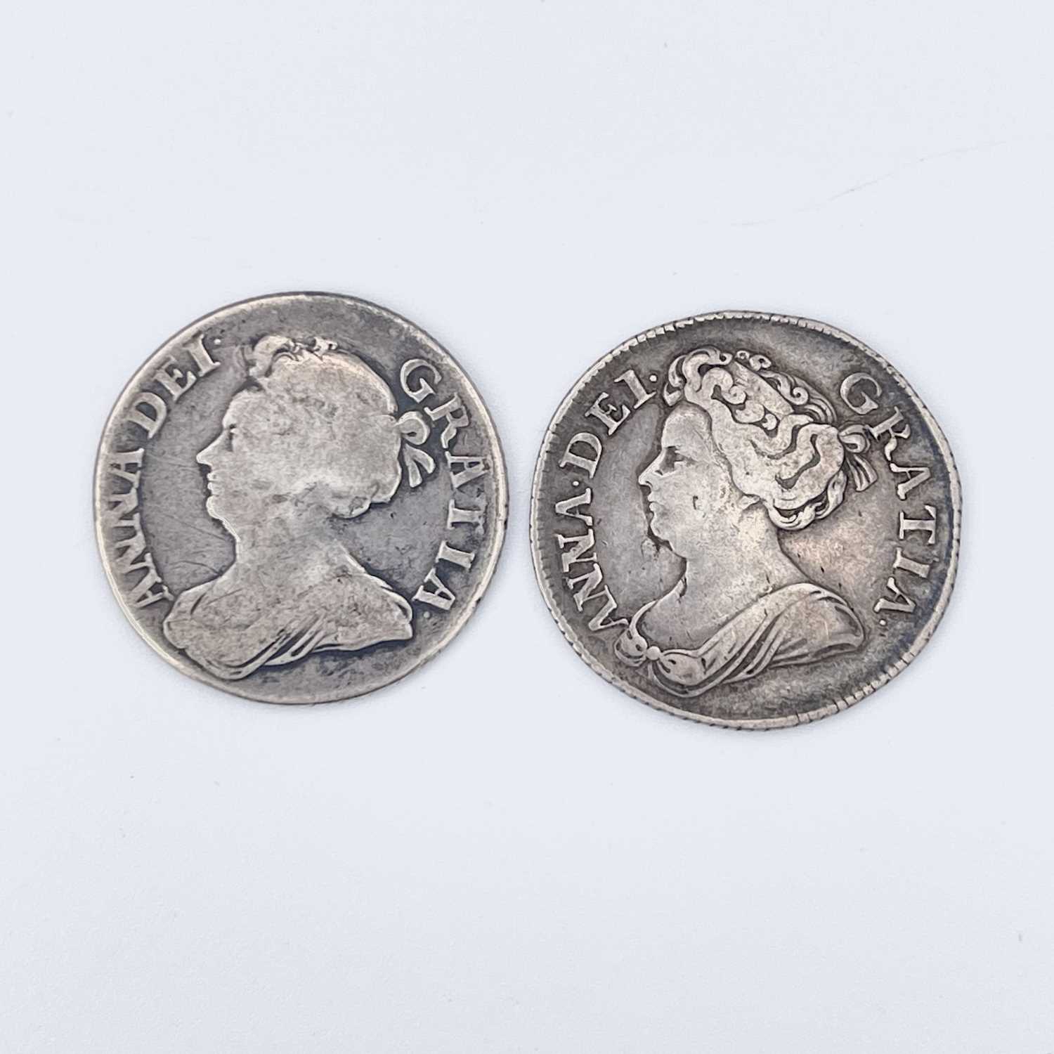 Queen Anne Shillings x 2. 1709 Plain F, 1713 Rose & Plumes F-VF. Condition: please request a - Image 2 of 4