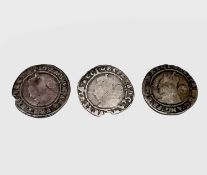 Elizabeth I, Sixpences x 3. 1584 worn; 1585 worn, edge nibble; 1588 worn, edge nibble. Condition: