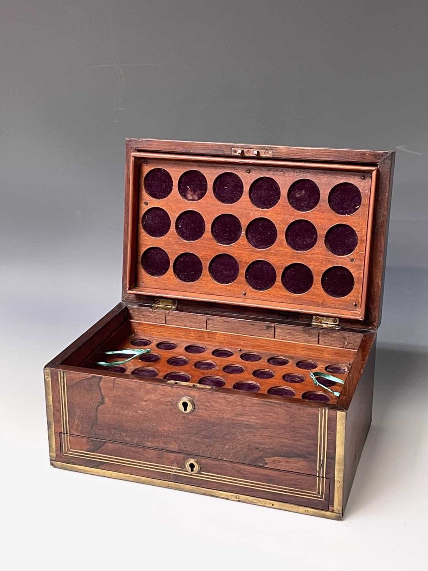 Victorian Brass Bound and Brass inlaid 3 tier wooden Coin Medallion Cabinet. An attractive cabinet