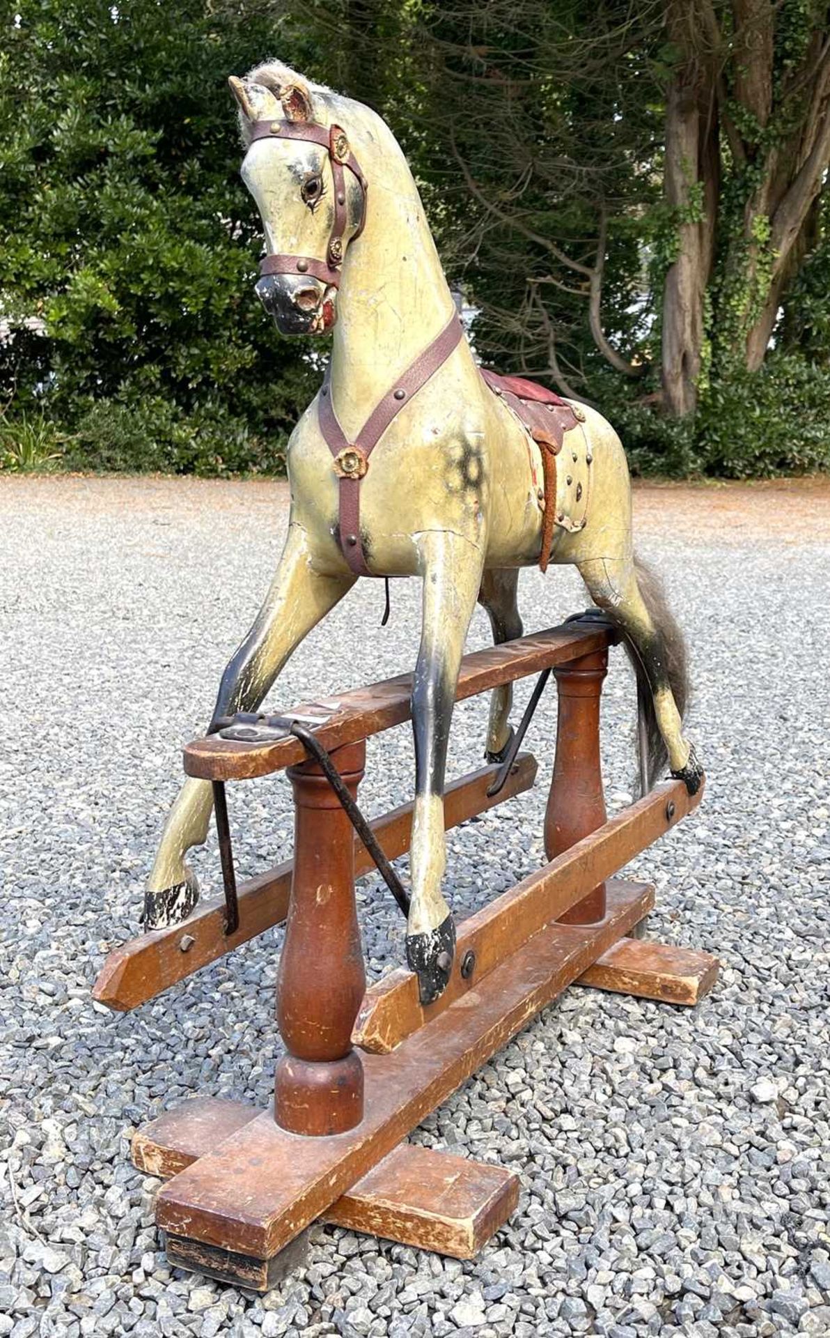 Child's wooden rocking horse. An early 20th century wooden horse with leather attachments - length - Image 8 of 13