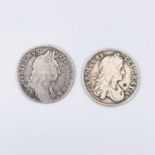 Charles II and William III Shillings. 1663 Shilling F, 1695 Shilling F. Condition: please request