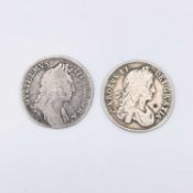 Charles II and William III Shillings. 1663 Shilling F, 1695 Shilling F. Condition: please request