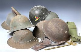 World War Two and later Military Helmets, etc. A box containing five U.S.A and other metal