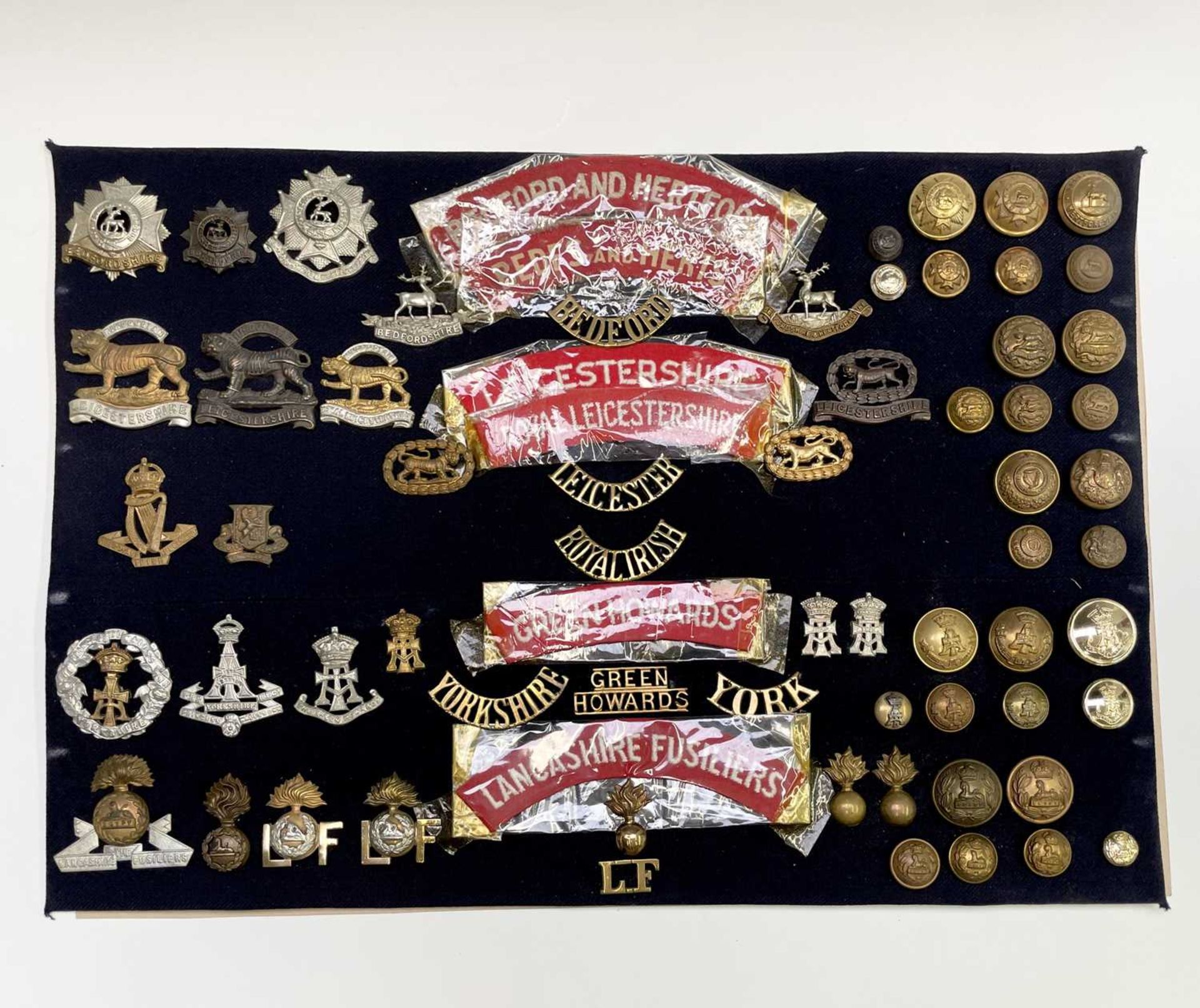 16th - 18th Foot. A display card containing cap badges, collar dogs, shoulder titles and buttons.