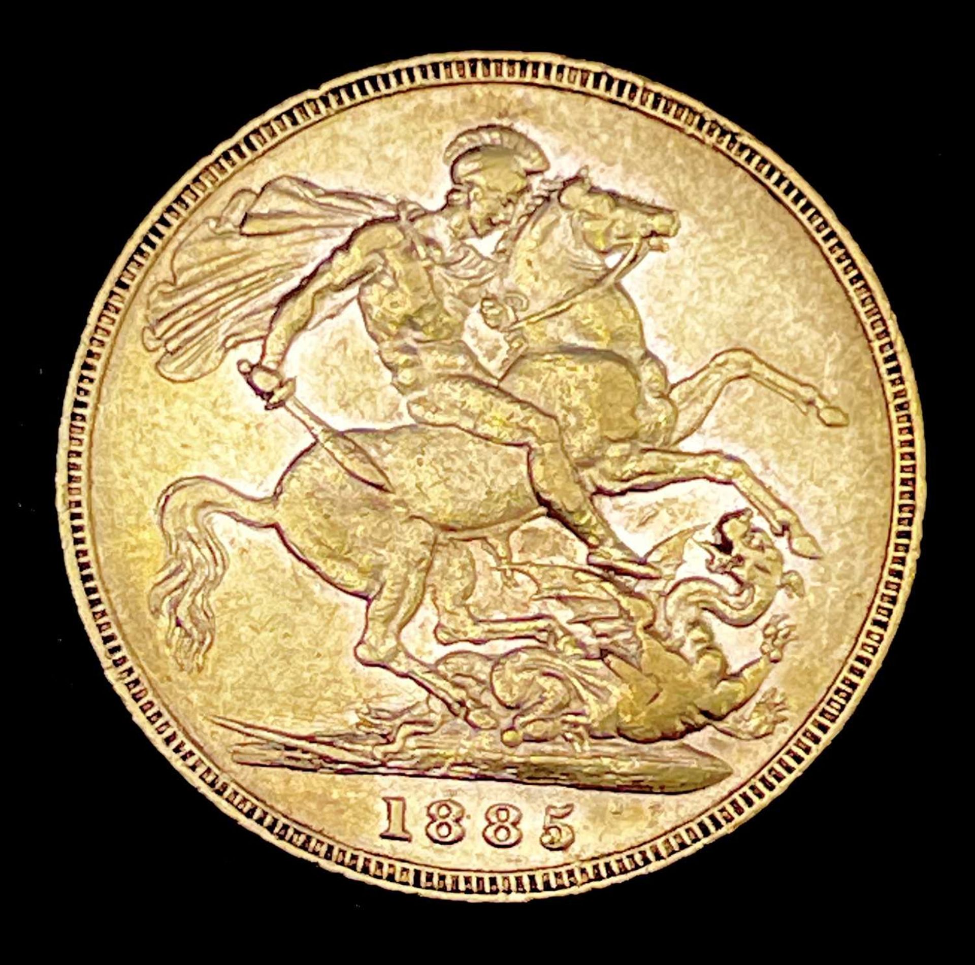 Great Britain Gold Sovereign 1885 EF Melbourne mint mark apparent . George & Dragon Note: