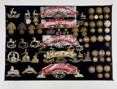 6th - 10th Foot Regiments. A display card containing cap badges, collar dogs, shoulder titles and