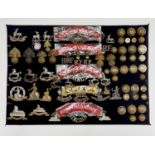 6th - 10th Foot Regiments. A display card containing cap badges, collar dogs, shoulder titles and