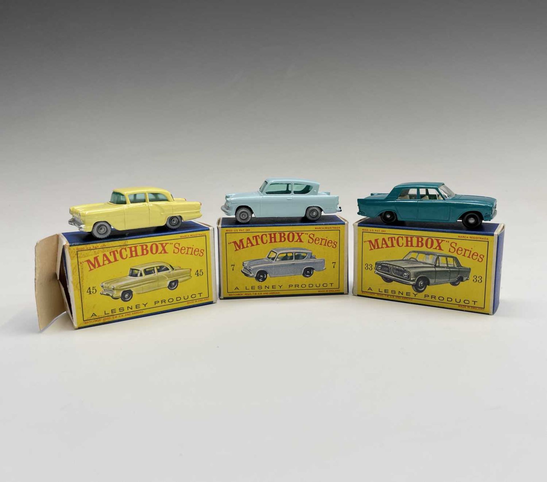 Lesney - Matchbox Toys nos 7, 33 and 45. Ford Anglia, light blue, S.P.W, mint boxed. Ford Zephyr, - Image 5 of 9