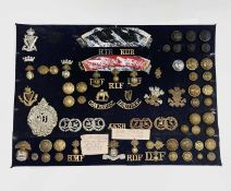 Scottish and Irish Regiments (86th to 102/103rd Foot). A display card containing cap badges,