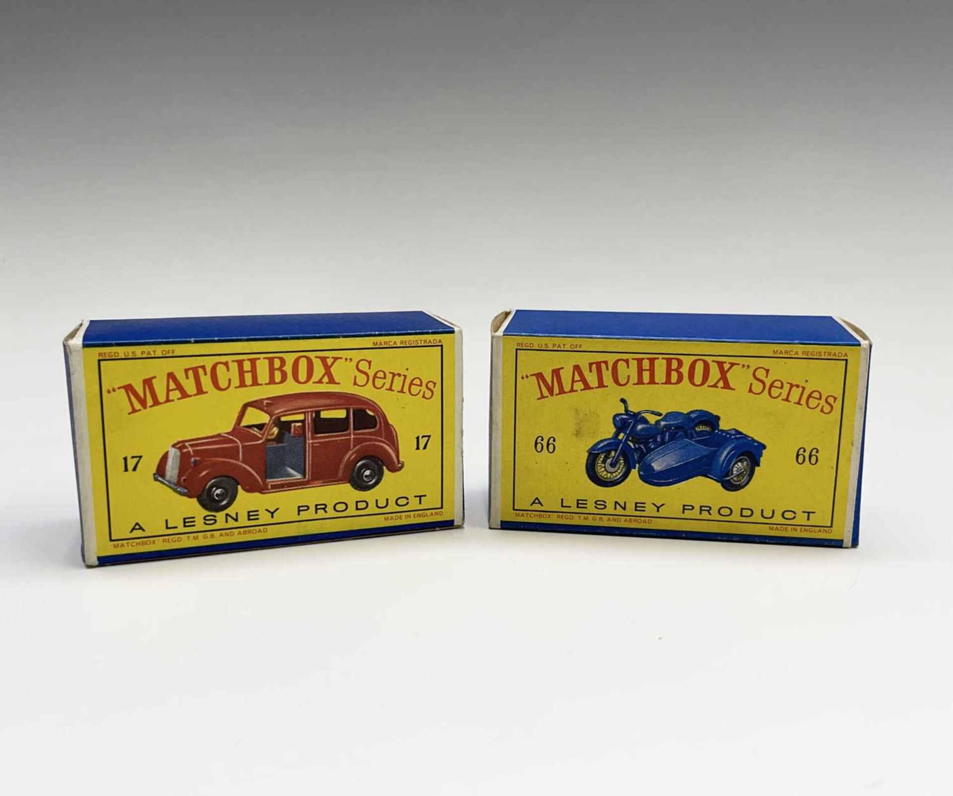 Lesney - Matchbox Toys nos 17 and 66. Austin FX3 Taxi, maroon body, mid grey interior, S.P.W. but - Image 5 of 6