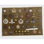 Canadian Expeditionary Forces 1 to 39 Battalions. A display card containing cap badges, collar dogs,