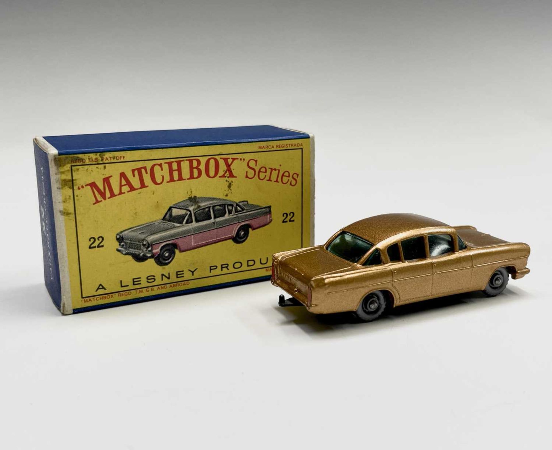 Lesney - Matchbox Toy no 22. Vauxhall Cresta, gold body S.P.W. mint boxed - box has some staining on - Image 4 of 6