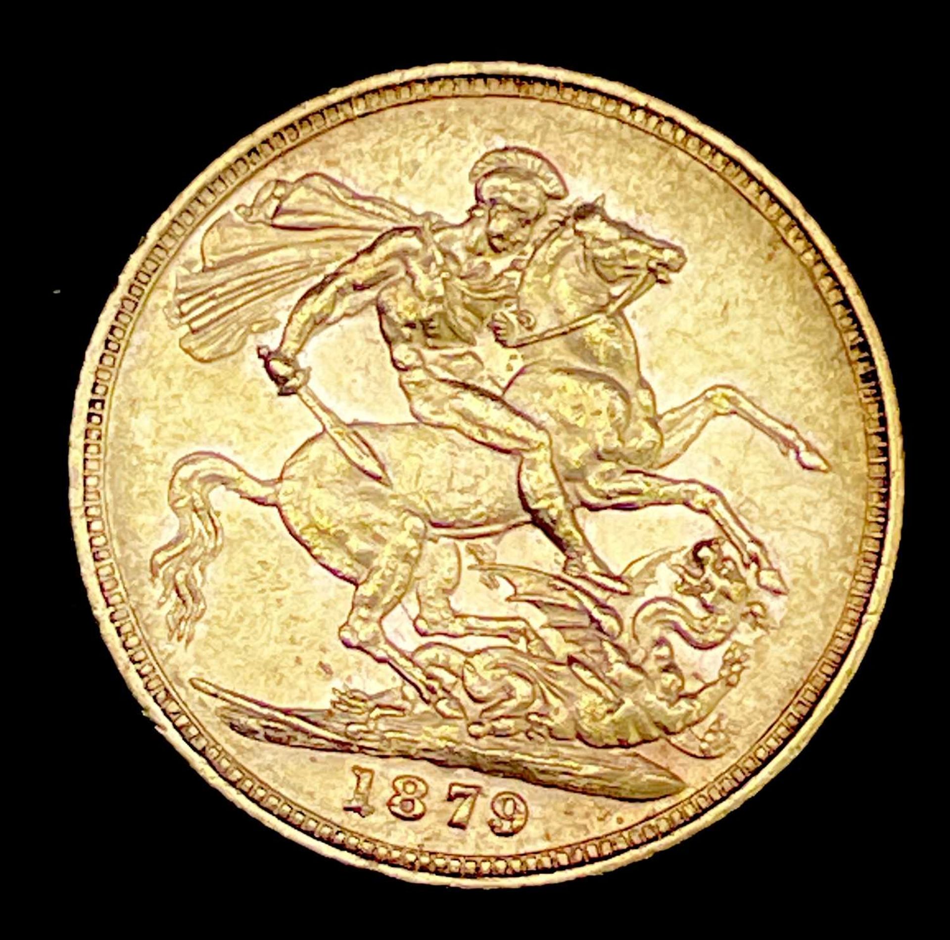 Great Britain Gold Sovereign 1879 George & Dragon Melbourne mint mark. Note: Melbourne mint mark