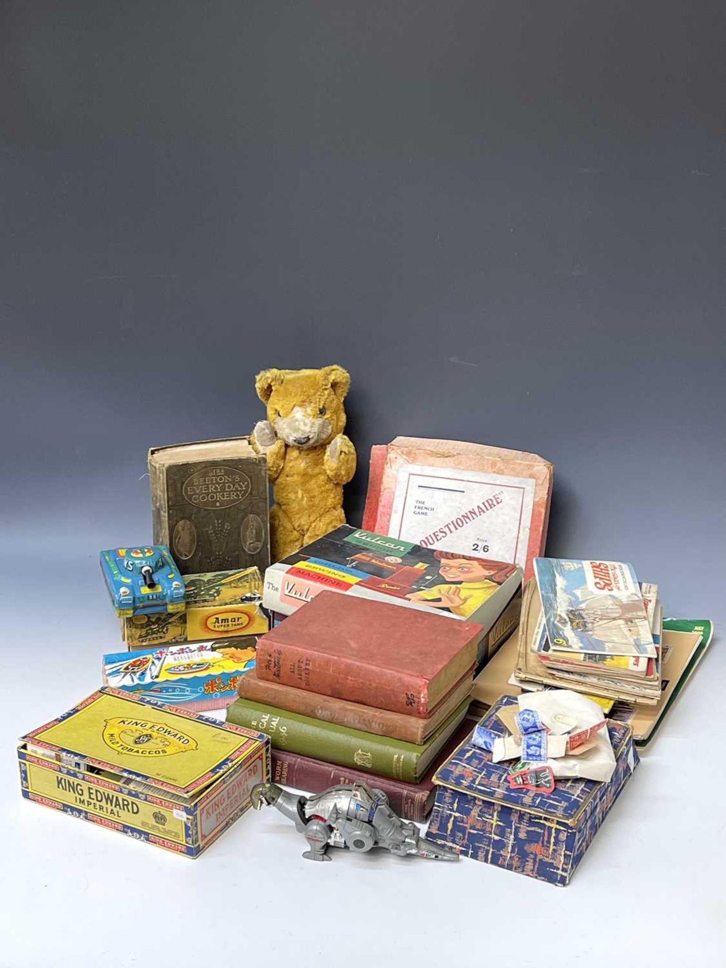 Child's Sewing Machine, Miscellaneous Tinplate Toys, Trade Cards, Stamps, etc. Comprising a boxed