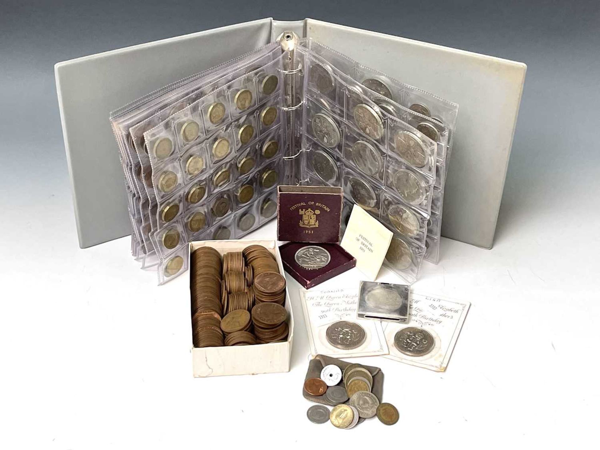 Great Britain, etc coins Lot comprises 4 x £2 brass and 2 x £5 decimal coins, a 1951 boxed