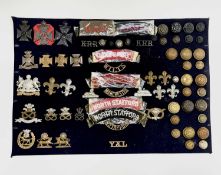 English Regiments. A display card containing cap badges, collar dogs, shoulder titles and buttons.