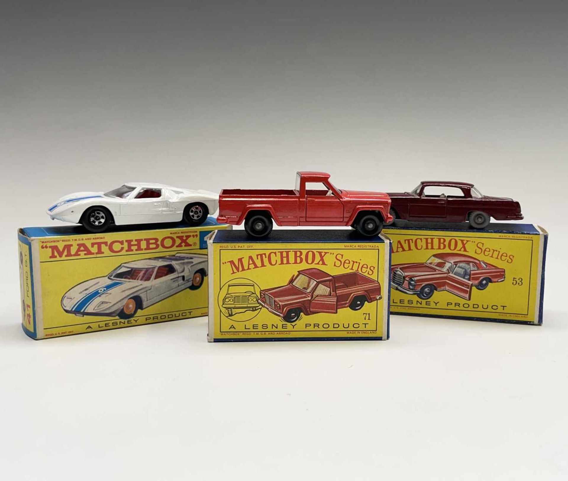 Lesney - Matchbox Toys nos 41, 53 and 71. Ford G.T. superfast wheels, white body. Mercedes-Benz
