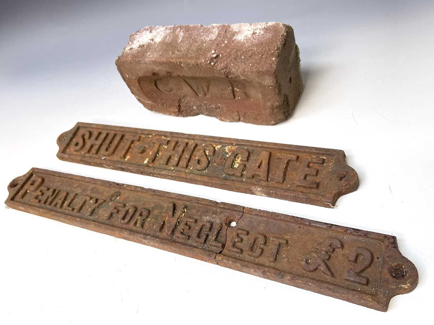 Railways - Railwayana Cast Iron Lineside Signs (x2), Cast Iron Gradient Arm and a GWR Brick. Lot