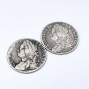 George II Shillings x 2. 1745 Roses F, 1745 Plain, Lima, F. Condition: please request a condition