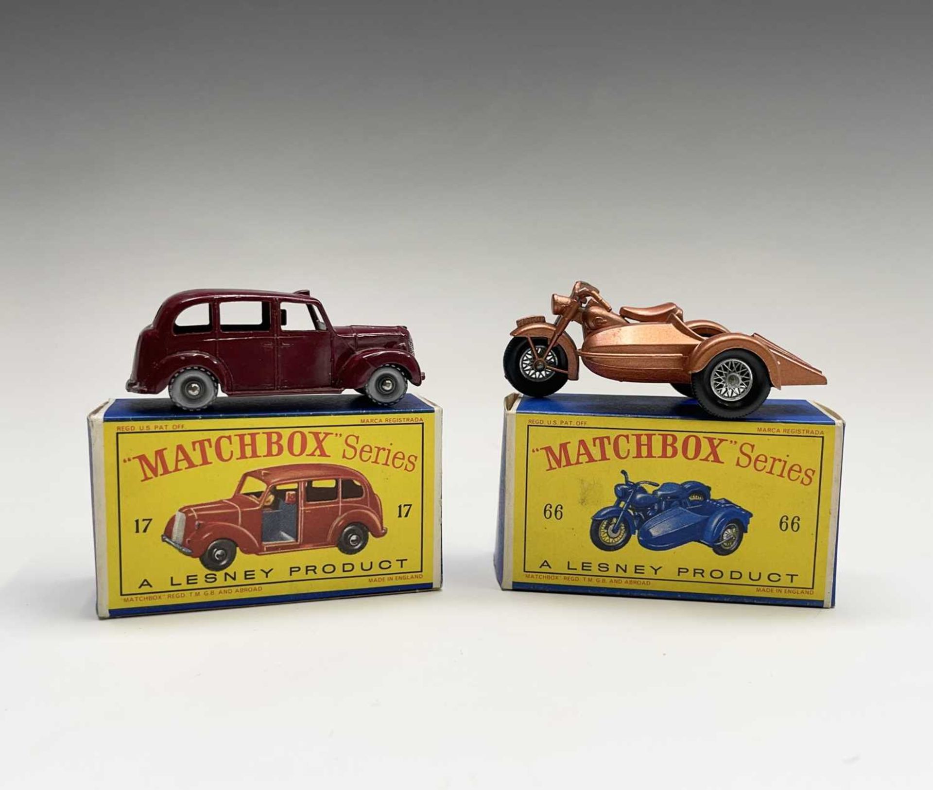 Lesney - Matchbox Toys nos 17 and 66. Austin FX3 Taxi, maroon body, mid grey interior, S.P.W. but