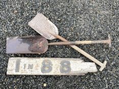 Railwayana - Firemans' steam shovels and railway gradient post. Two long handled/long bladed coal