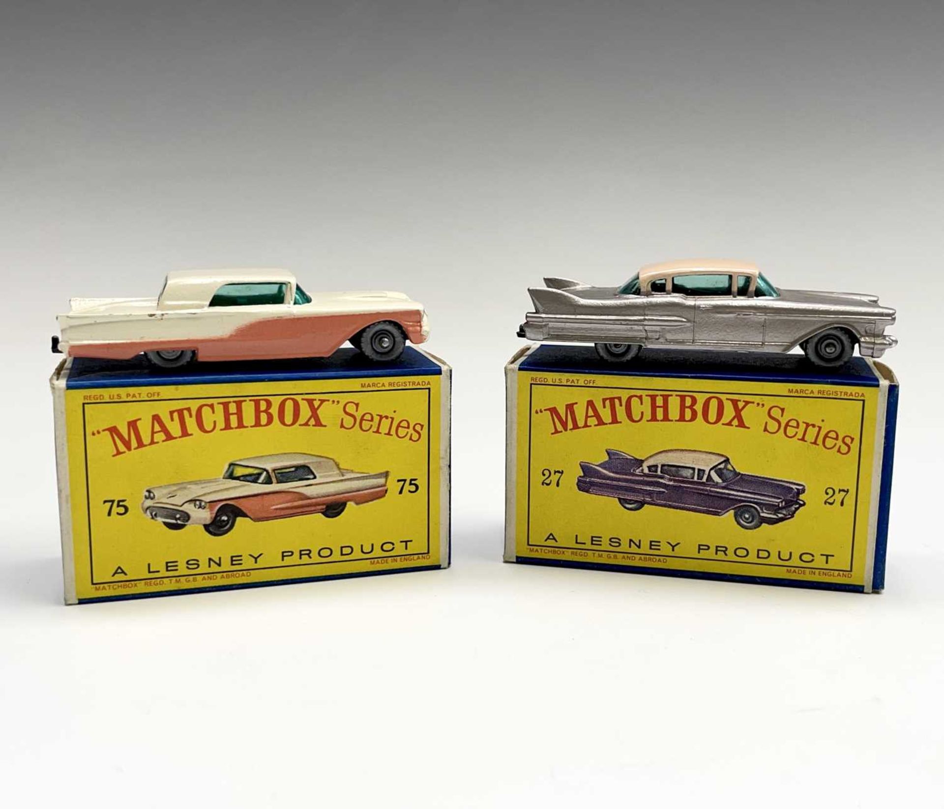 Lesney - Matchbox Toys nos 27 and 75. Cadillac Sedan, metalic lilac body, pink roof, black base, S.