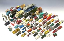 Diecast Toys. Box containing quantity of playworn Dinky, Corgi and Lesney Matchbox toys including