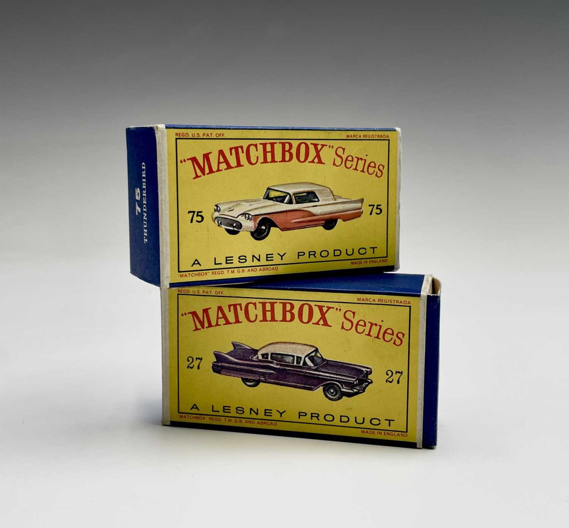 Lesney - Matchbox Toys nos 27 and 75. Cadillac Sedan, metalic lilac body, pink roof, black base, S. - Image 10 of 11