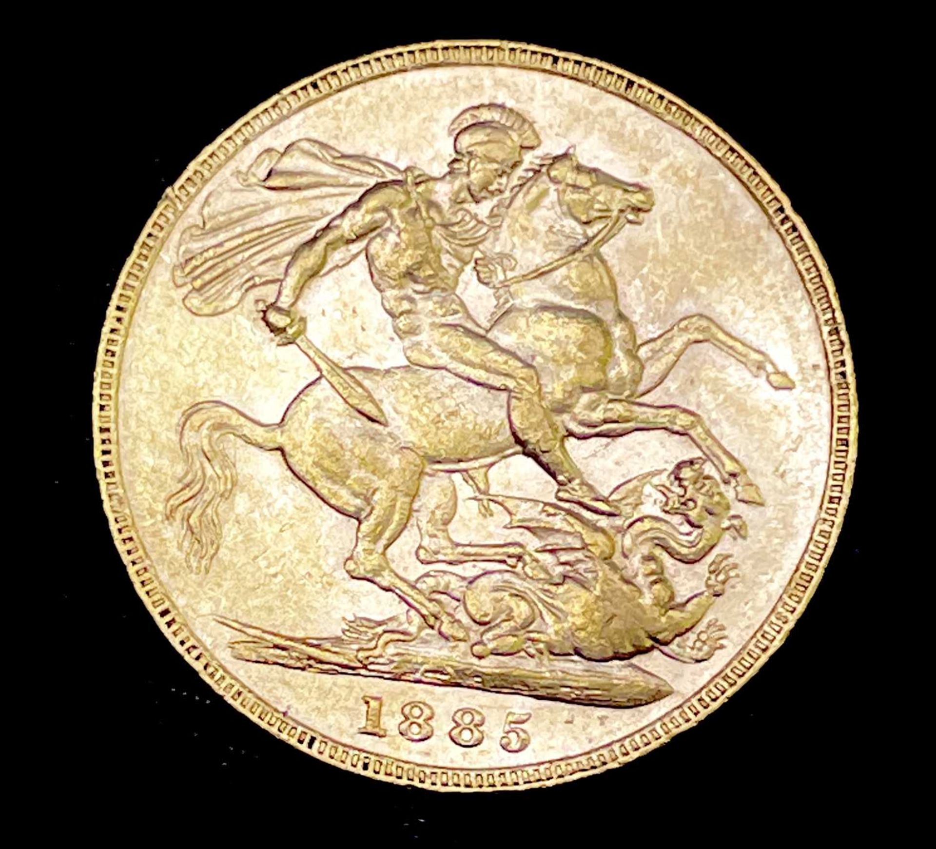 Great Britain Gold Sovereign 1885 EF+ No Sydney or Melbourne mint mark apparent. George & Dragon.
