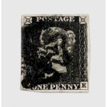 Penny Black 4 margin example with slightly smudged black Maltese Cross - slight diagonal crease