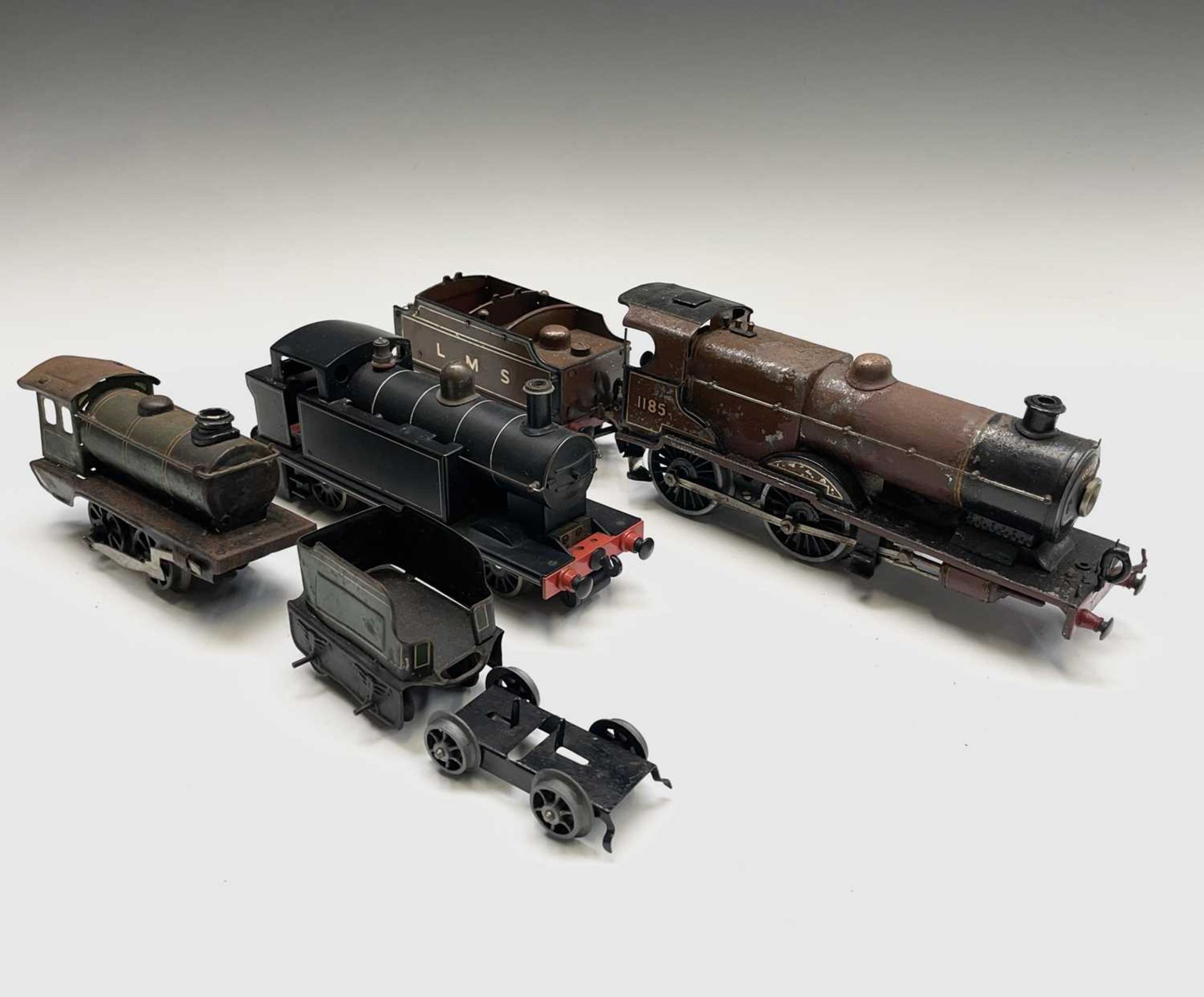 0 Gauge Locomotives (x3). Comprising "Live Steam" 0-6-0T LMS Jinty locomotive, Hornby no. 1185 LMS