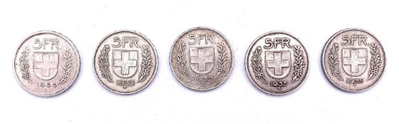 Switzerland 0.835 grade silver 2 Franc and 5 Franc coins. Comprising 5 Franc: 1932, 1933, 1935 (x2),