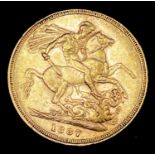 Great Britain Gold Sovereign 1887 Melbourne mint mark apparent. Young head. George & Dragon Note: