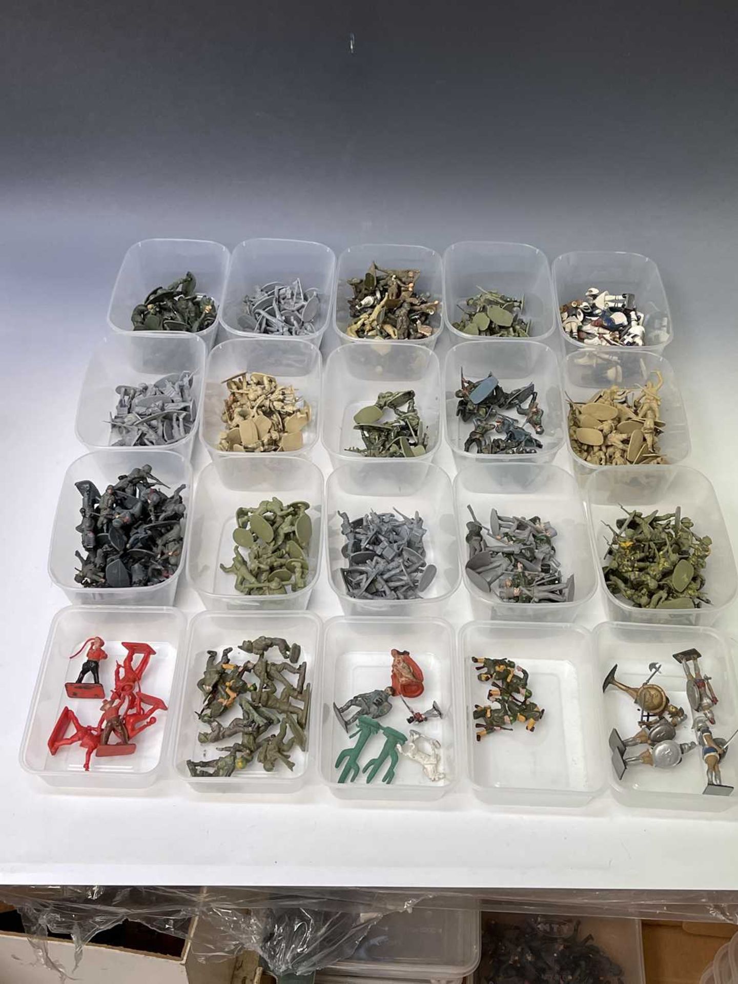 1960s-1980s Plastic Soldiers. Large quantity of mostly Airfix figures sorted into containers - WWII,