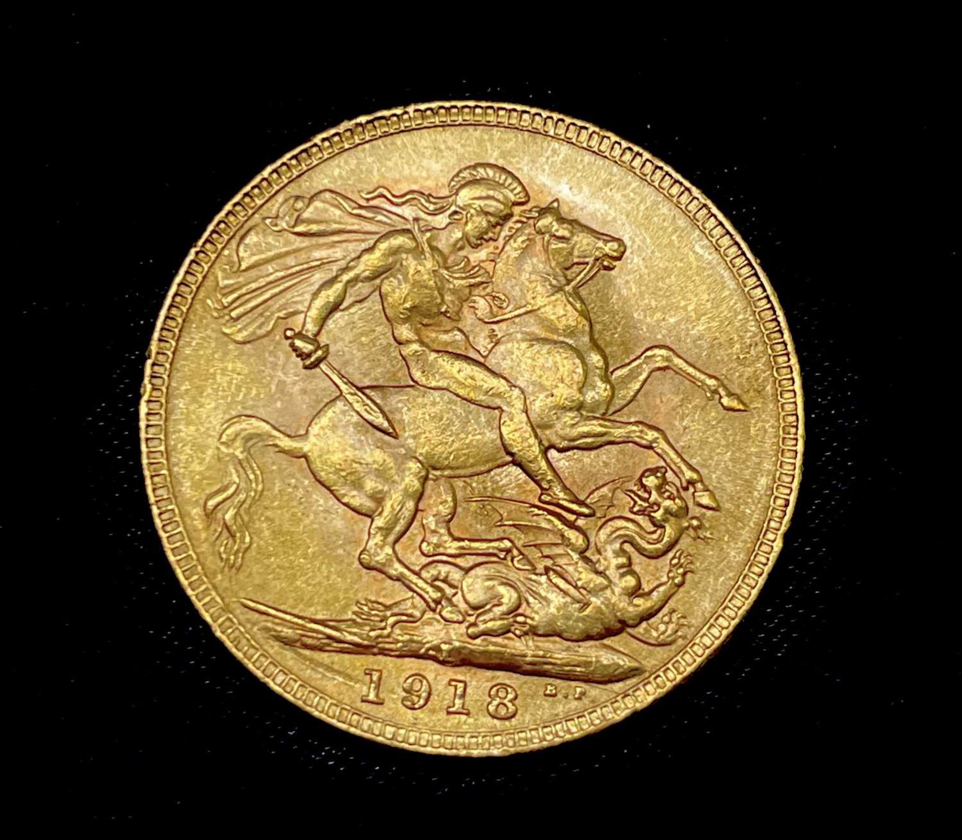 Great Britain Gold Sovereign 1918 (mark to left of date) George V. I (Bombay Mint mark) Condition: