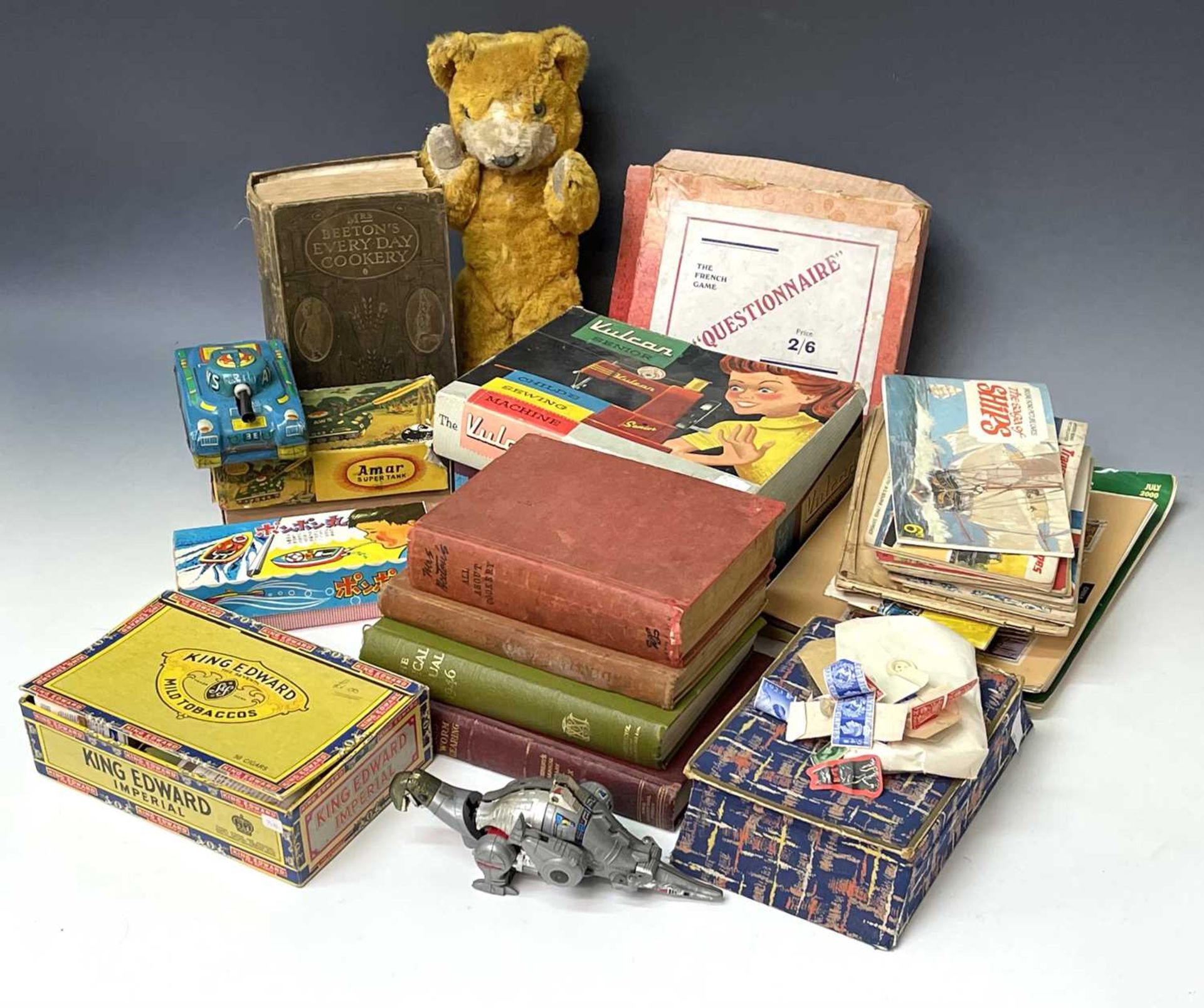 Child's Sewing Machine, Miscellaneous Tinplate Toys, Trade Cards, Stamps, etc. Comprising a boxed - Image 2 of 11