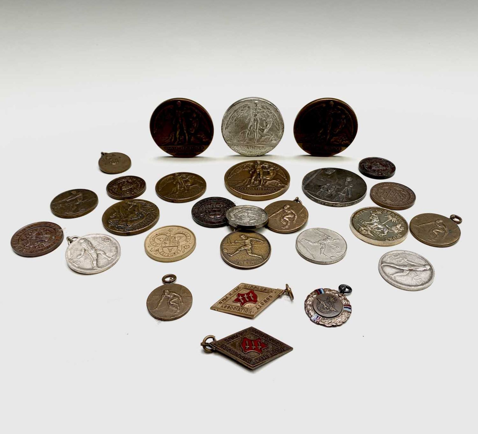 Sports Prize Medals - Approx. 25 bronze and white metal medals/medallions, many military related.