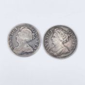 Queen Anne Shillings x 2. 1709 Plain F, 1713 Rose & Plumes F-VF. Condition: please request a