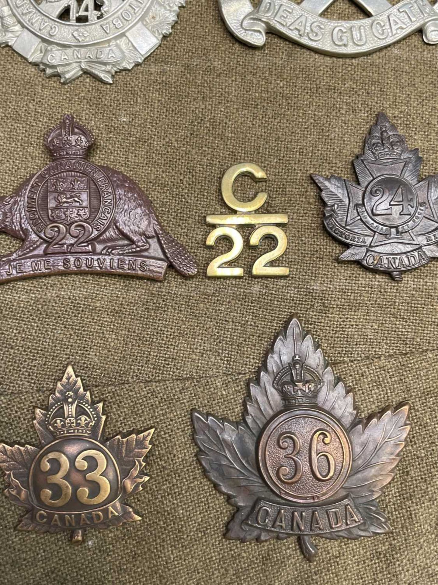 Canadian Expeditionary Forces 1 to 39 Battalions. A display card containing cap badges, collar dogs, - Image 2 of 5