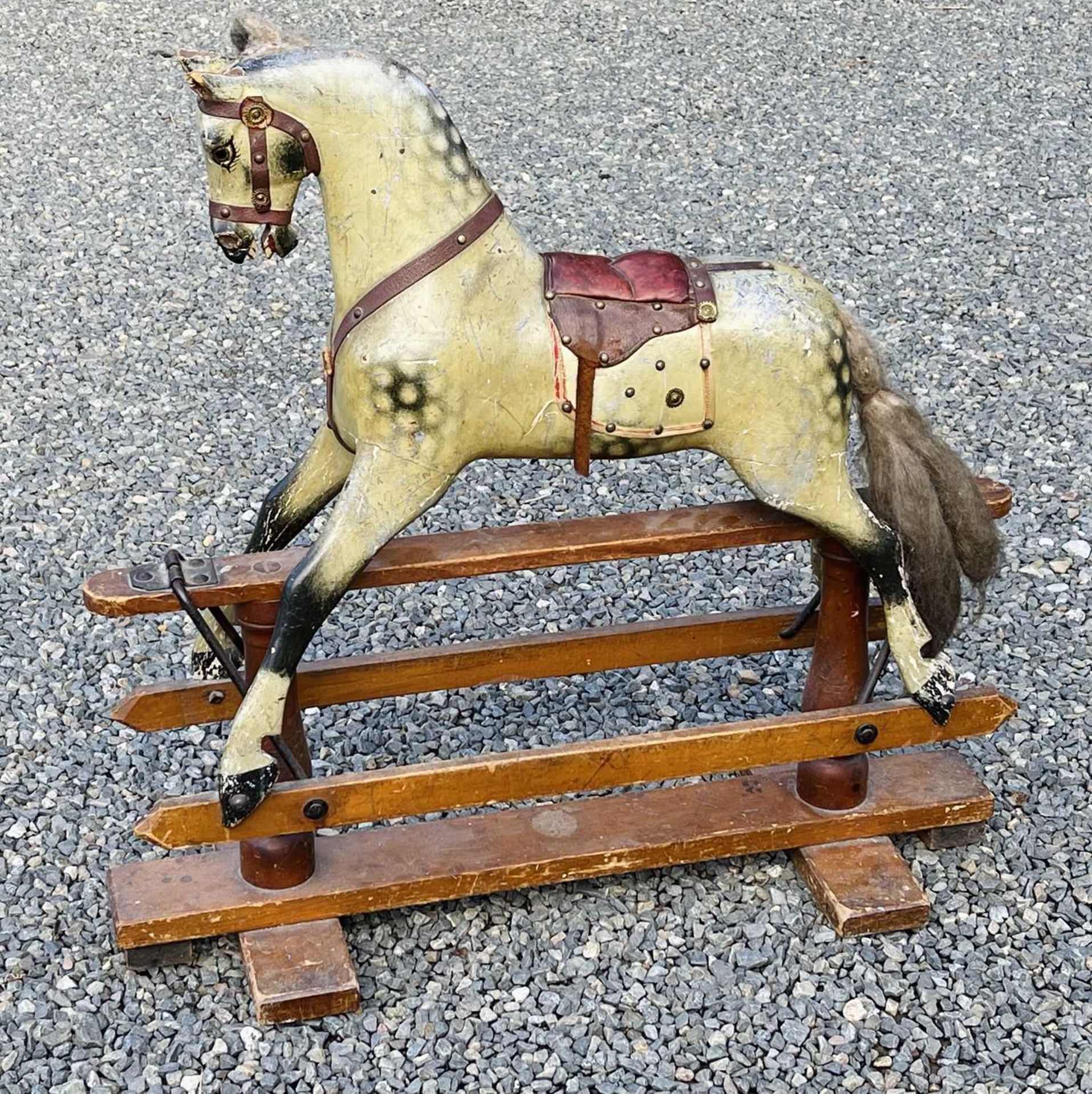Child's wooden rocking horse. An early 20th century wooden horse with leather attachments - length - Image 4 of 13