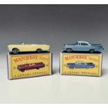Lesney - Matchbox Toys nos 39 and 57. Pontiac Convertible, lemon body, crimson base, cream