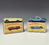 Lesney - Matchbox Toys nos 39 and 57. Pontiac Convertible, lemon body, crimson base, cream